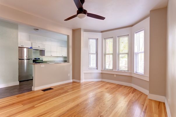 Empty room, Interior, Kitchen, Stainless Steel Appliances, Wood Texture Flooring