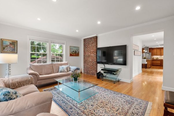 Interior, Living room, Recessed Lighting, Stone Walls, Wood Texture Flooring