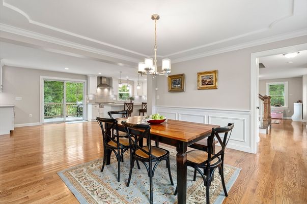 Dining room, Interior, Kitchen, Pendant Lights, Recessed Lighting, Stainless Steel Appliances, Wood Texture Flooring