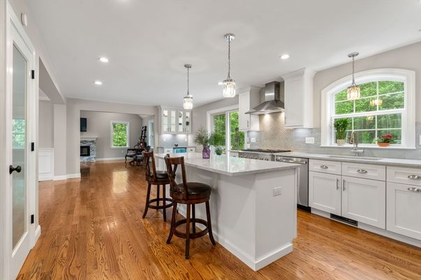 Fireplace, Interior, Kitchen, Pendant Lights, Recessed Lighting, Stainless Steel Appliances, Wood Texture Flooring