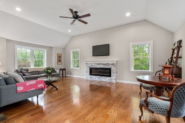 Fireplace, Interior, Living room, Recessed Lighting, Wood Texture Flooring