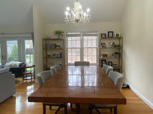 Chandelier, Dining room, Interior, Wood Texture Flooring