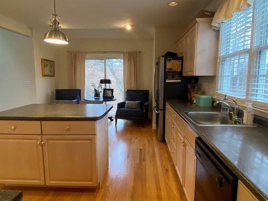 Dining room, Interior, Kitchen, Pendant Lights, Recessed Lighting, Wood Texture Flooring