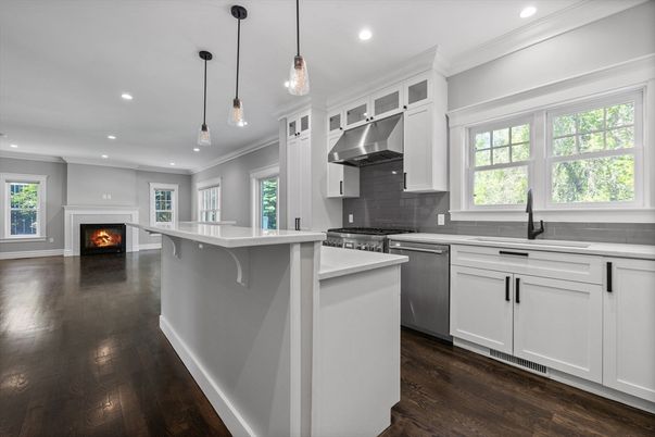 Fireplace, Interior, Kitchen, Pendant Lights, Recessed Lighting, Stainless Steel Appliances, Wood Texture Flooring