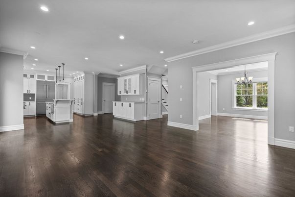 Empty room, Interior, Kitchen, Pendant Lights, Recessed Lighting, Wood Texture Flooring