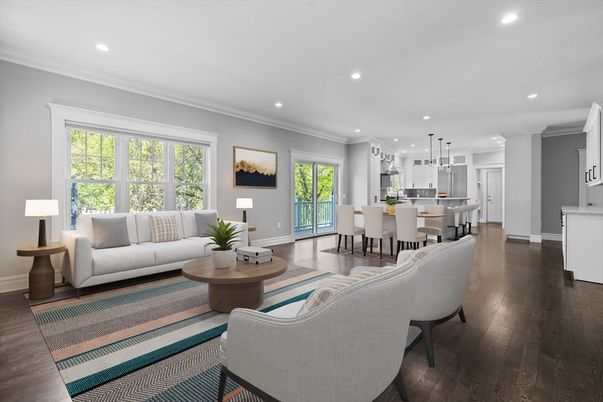 Dining room, Interior, Kitchen, Living room, Pendant Lights, Recessed Lighting, Stainless Steel Appliances, Wood Texture Flooring