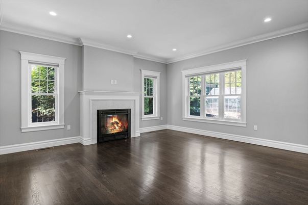 Empty room, Fireplace, Interior, Recessed Lighting, Wood Texture Flooring