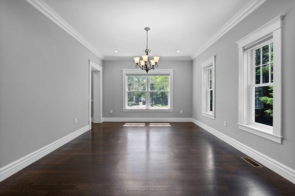 Chandelier, Empty room, Interior, Recessed Lighting, Wood Texture Flooring