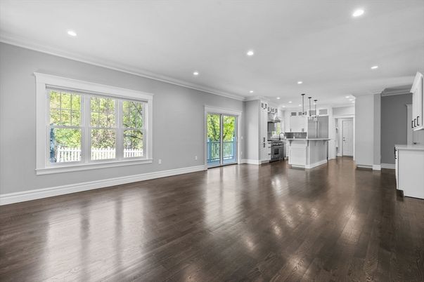 Empty room, Interior, Kitchen, Pendant Lights, Recessed Lighting, Wood Texture Flooring