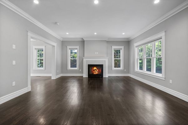 Empty room, Fireplace, Interior, Recessed Lighting, Wood Texture Flooring