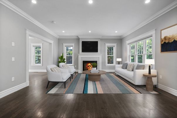 Fireplace, Interior, Living room, Recessed Lighting, Wood Texture Flooring