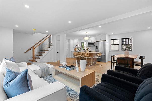 Dining room, Interior, Kitchen, Living room, Pendant Lights, Recessed Lighting, Stainless Steel Appliances, Wood Texture Flooring