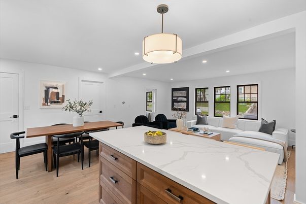 Dining room, Interior, Living room, Recessed Lighting, Wood Texture Flooring