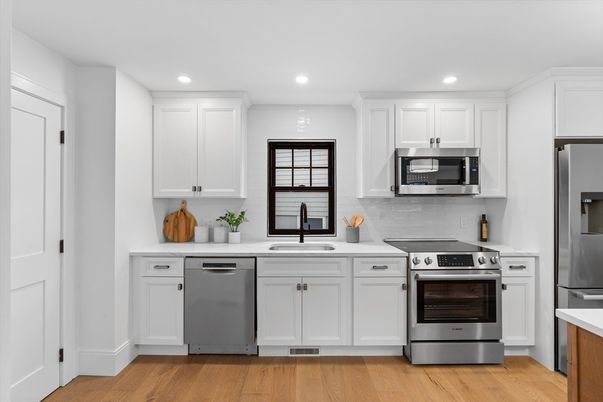 Interior, Kitchen, Recessed Lighting, Stainless Steel Appliances, Wood Texture Flooring