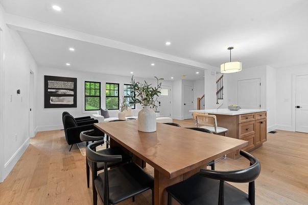 Dining room, Interior, Pendant Lights, Recessed Lighting, Wood Texture Flooring