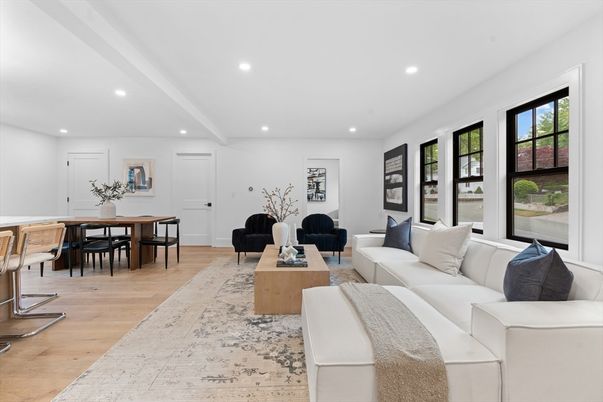 Dining room, Interior, Living room, Recessed Lighting, Wood Texture Flooring