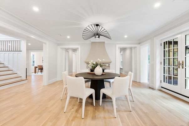 Dining room, Interior, Recessed Lighting, Wood Texture Flooring