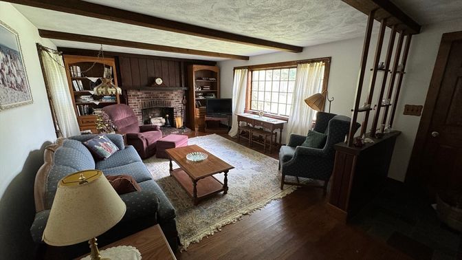Fireplace, Interior, Living room, Wooden Beams, Wood Texture Flooring