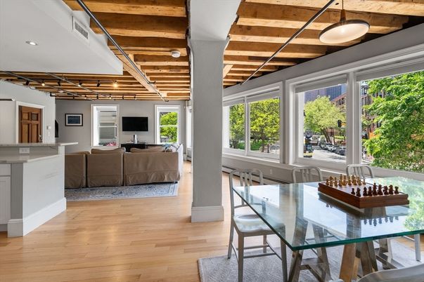 Dining room, Interior, Living room, Recessed Lighting, Wooden Beams, Wooden Ceilings, Wood Texture Flooring