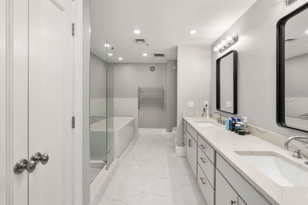 Bathroom, Dual Sink Vanities, Free Standing Baths, Glass Shower, Interior, Marble, Recessed Lighting