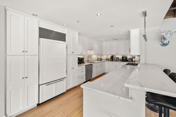 Interior, Kitchen, Recessed Lighting, Stainless Steel Appliances, Wood Texture Flooring