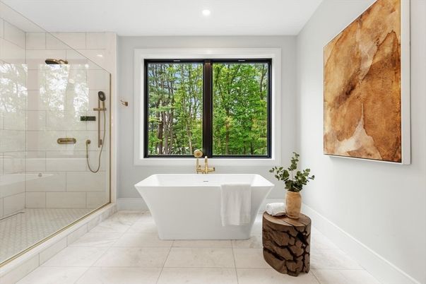 Bathroom, Free Standing Baths, Glass Shower, Interior, Recessed Lighting