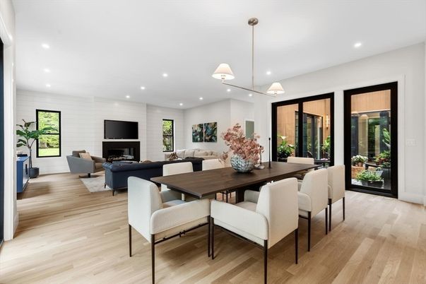 Dining room, Fireplace, Interior, Living room, Pendant Lights, Recessed Lighting, Wood Texture Flooring