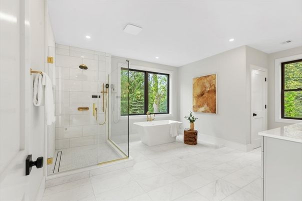 Bathroom, Free Standing Baths, Glass Shower, Interior, Marble, Recessed Lighting