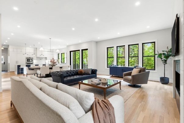 Dining room, Fireplace, Interior, Kitchen, Living room, Pendant Lights, Recessed Lighting, Stainless Steel Appliances, Wood Texture Flooring