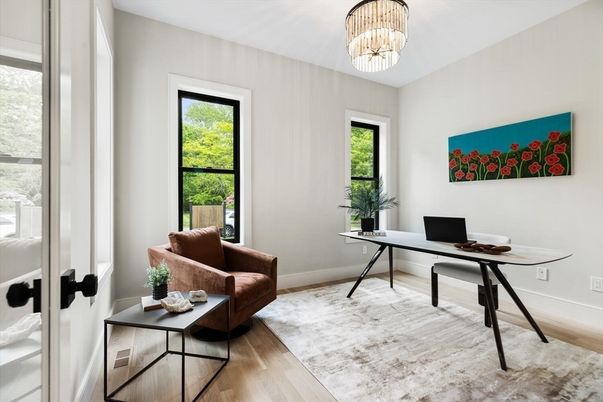 Chandelier, Home Office, Interior, Wood Texture Flooring