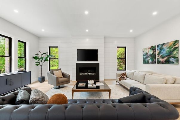 Fireplace, Interior, Living room, Recessed Lighting, Wood Texture Flooring