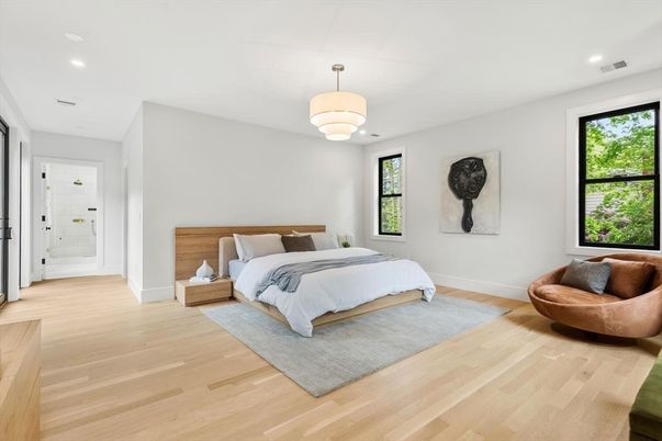 Bedroom, Chandelier, Interior, Recessed Lighting, Wood Texture Flooring