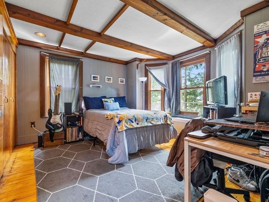 Bedroom, Home Office, Interior, Recessed Lighting, Wooden Beams, Wood Texture Flooring