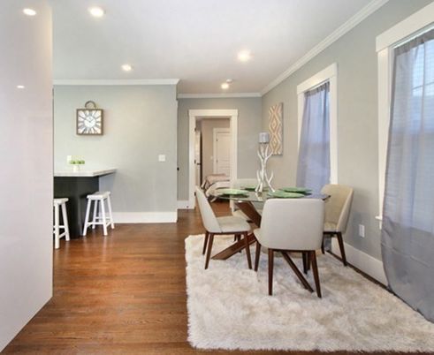 Dining room, Interior, Recessed Lighting, Wood Texture Flooring