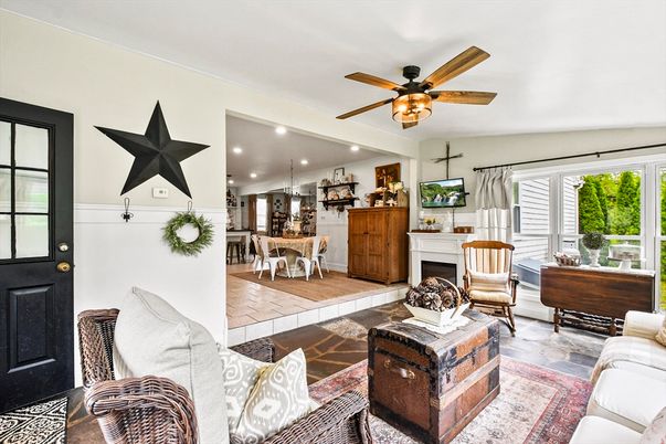 Dining room, Fireplace, Interior, Kitchen, Living room, Recessed Lighting