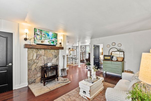 Chandelier, Fireplace, Interior, Recessed Lighting, Wood Texture Flooring