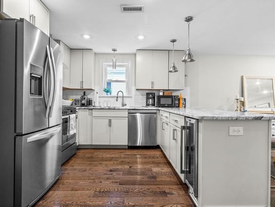 Interior, Kitchen, Pendant Lights, Recessed Lighting, Stainless Steel Appliances, Wood Texture Flooring