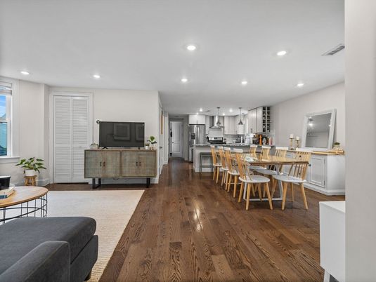 Dining room, Interior, Kitchen, Recessed Lighting, Stainless Steel Appliances, Wood Texture Flooring