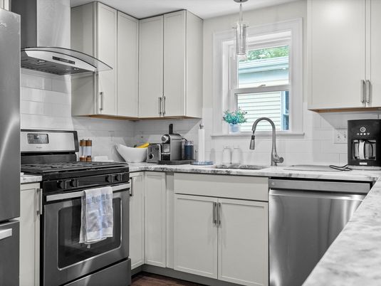 Interior, Kitchen, Pendant Lights, Stainless Steel Appliances, Wood Texture Flooring