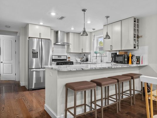 Interior, Kitchen, Pendant Lights, Recessed Lighting, Stainless Steel Appliances, Wood Texture Flooring