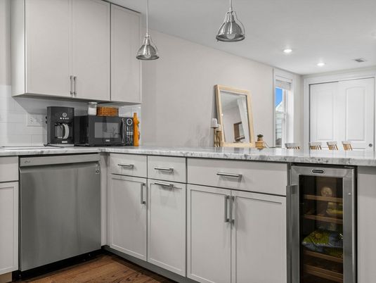 Interior, Kitchen, Pendant Lights, Recessed Lighting, Wood Texture Flooring