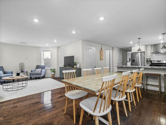Dining room, Interior, Kitchen, Living room, Pendant Lights, Recessed Lighting, Stainless Steel Appliances, Wood Texture Flooring