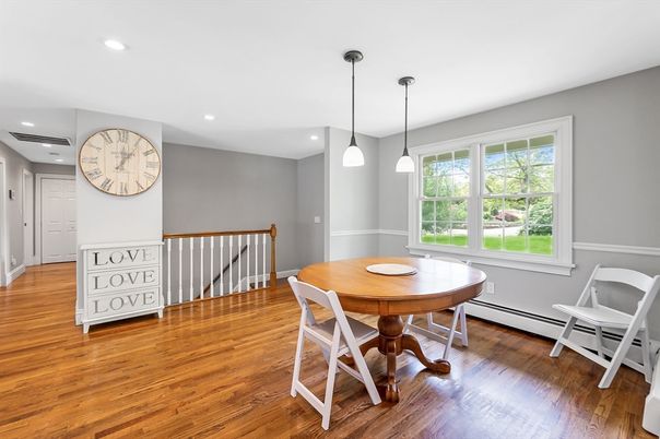 Dining room, Interior, Pendant Lights, Recessed Lighting, Wood Texture Flooring