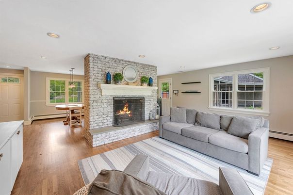 Dining room, Fireplace, Interior, Living room, Pendant Lights, Recessed Lighting, Stone Walls, Wood Texture Flooring