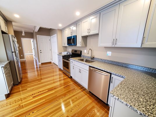 Interior, Kitchen, Recessed Lighting, Stainless Steel Appliances, Wood Texture Flooring