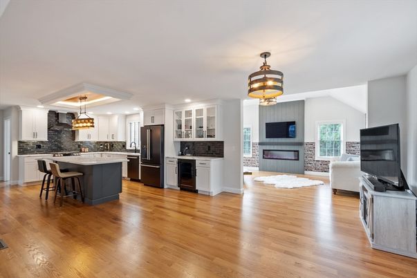 Fireplace, Interior, Kitchen, Living room, Pendant Lights, Recessed Lighting, Wood Texture Flooring