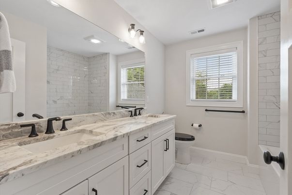 Bathroom, Dual Sink Vanities, Interior, Marble, Recessed Lighting
