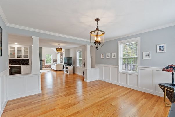 Fireplace, Interior, Pendant Lights, Wood Texture Flooring