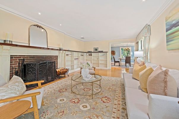 Dining room, Fireplace, Interior, Living room, Recessed Lighting, Wood Texture Flooring