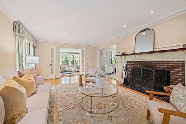 Fireplace, Interior, Living room, Recessed Lighting, Wood Texture Flooring